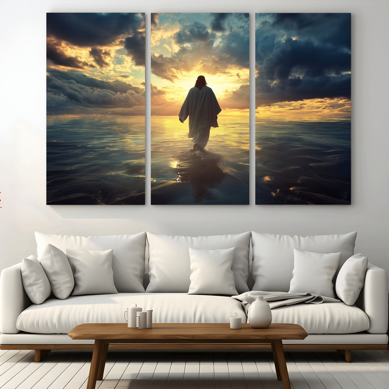 -Jesus Walks Wall Art Canvas Print Framed Divine Sunset Art Spiritual Light Print for Home, Office, Living Room