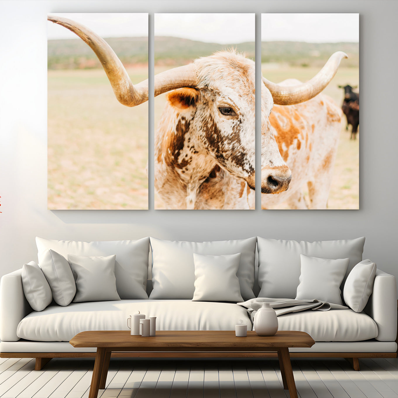 21060648-MGV-CV-48X32-3P-Texas Longhorn Wall Art Canvas Print – Framed Speckled Cow Rustic Bull Western Farmhouse Animal Artwork for Home Office