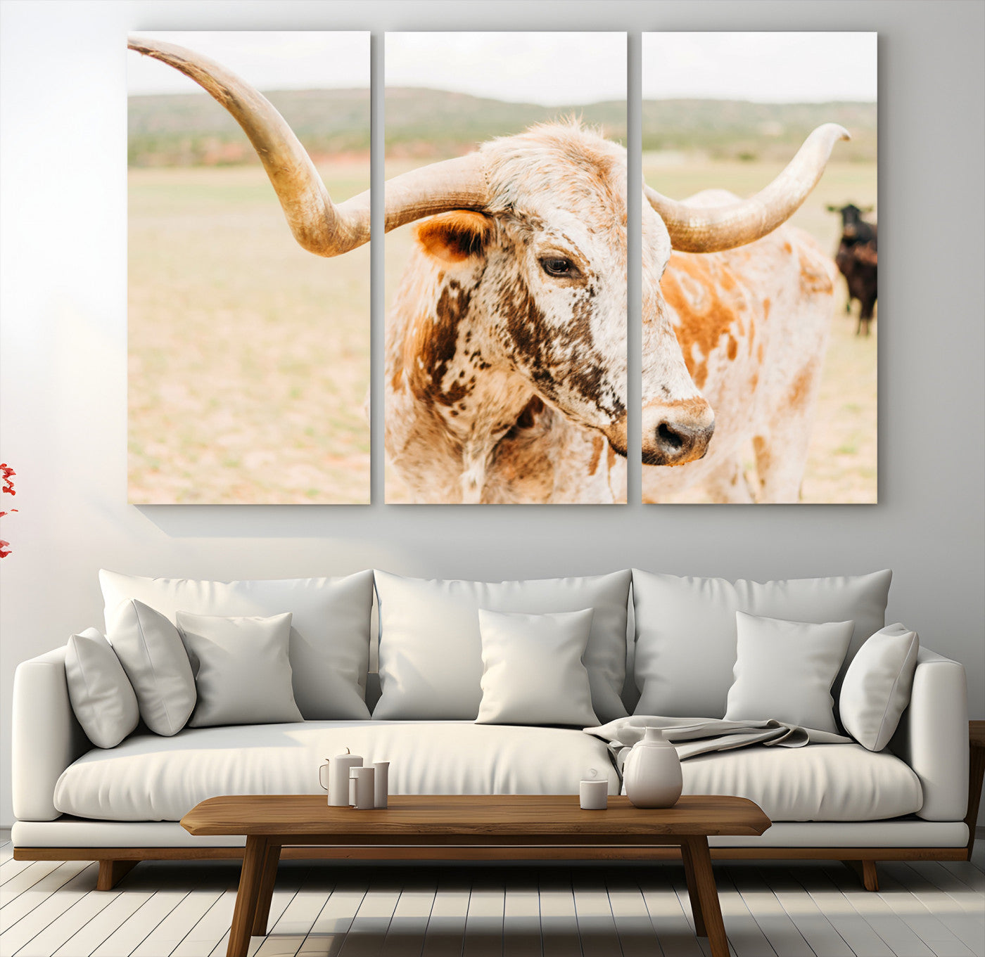 21060648-MGV-CV-48X32-3P-Texas Longhorn Wall Art Canvas Print – Framed Speckled Cow Rustic Bull Western Farmhouse Animal Artwork for Home Office