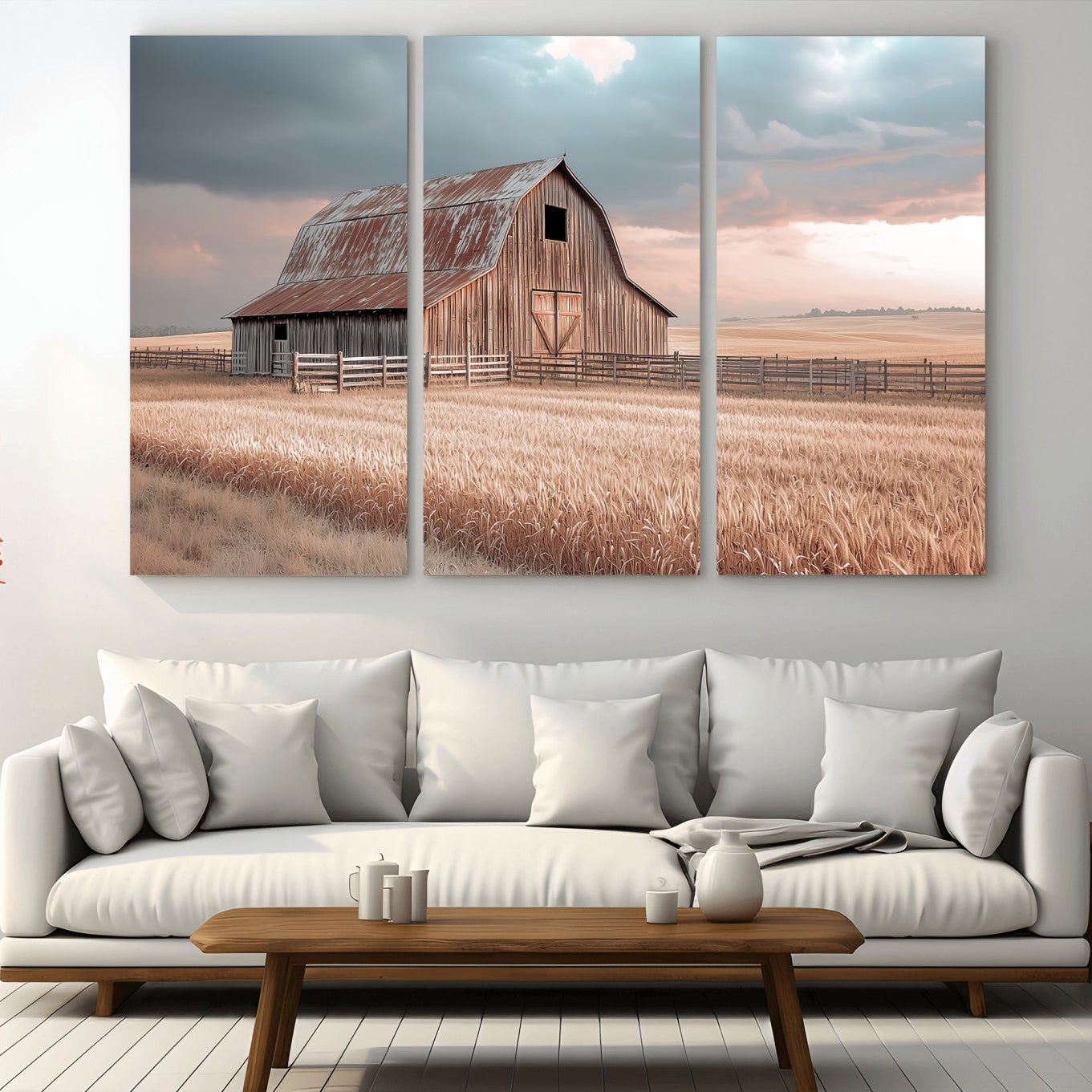 36878364-MGV-CV-48X32-3P-Rustic Barn Wall Art Canvas Print, Framed Wheat Field Art Picture Print, Sunset Barn Perfect Vintage Farmhouse Decor Artwork