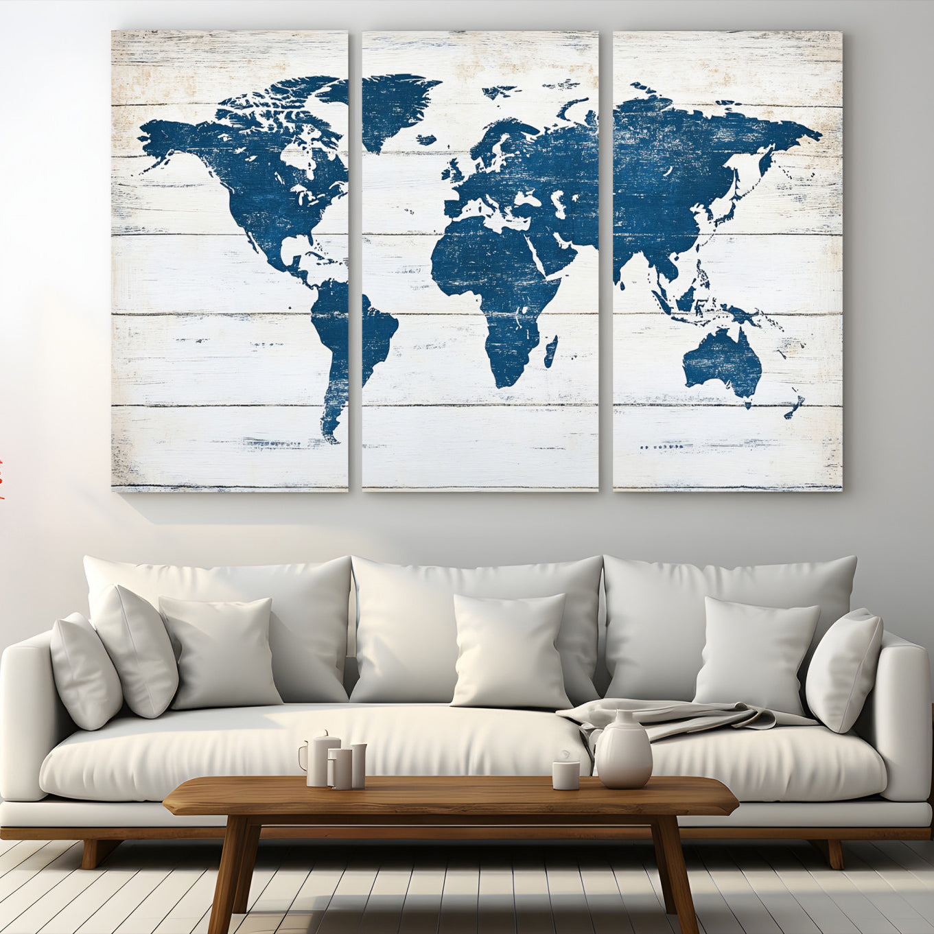 54107201-MGV-CV-48X32-3P-Framed Push Pin World Map Canvas Print – Rustic Blue Wall Art for Home and Office Decor, Travel Map Gift