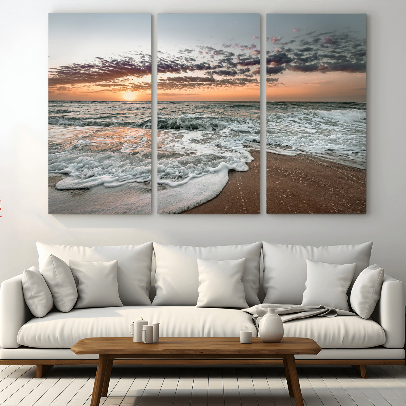 40632752-MGV-CV-36X24-Ocean Sunset Wall Art Canvas Print – Framed Beach Waves Scene with Coastal Artwork for Home, Office, Living Room