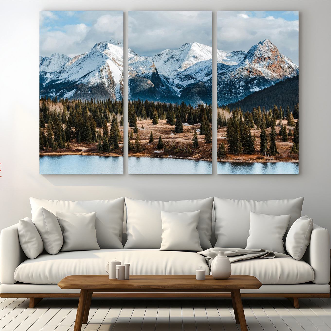 36247746-MGV-CV-48X32-3P-Snowy Peaks Wall Art Canvas Print – Framed Alpine Lake Pine Forest Mountain Landscape Nature Artwork for Home Office