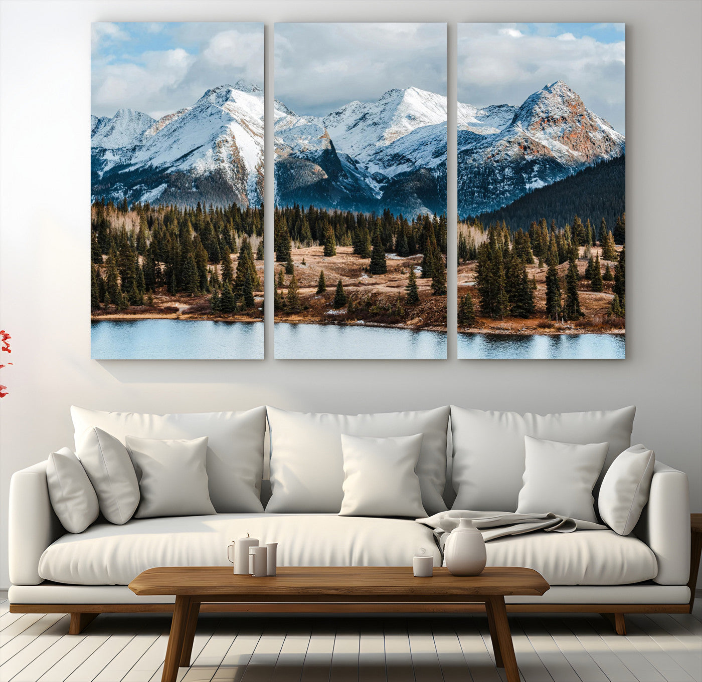 36247746-MGV-CV-48X32-3P-Snowy Peaks Wall Art Canvas Print, Framed Alpine Lake Art Picture Print, Pine Forest Perfect Alpine