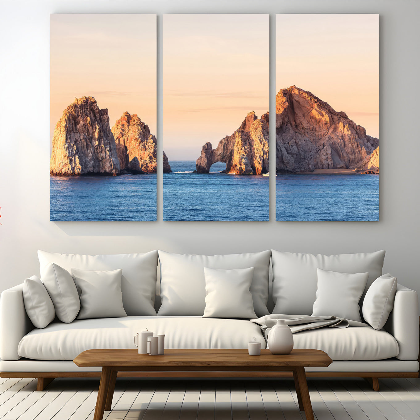72996116-MGV-CV-48X32-3P-El Arco Wall Art Canvas Print, Framed Cabo Rocks Art Picture Print, Ocean Arch Perfect Golden