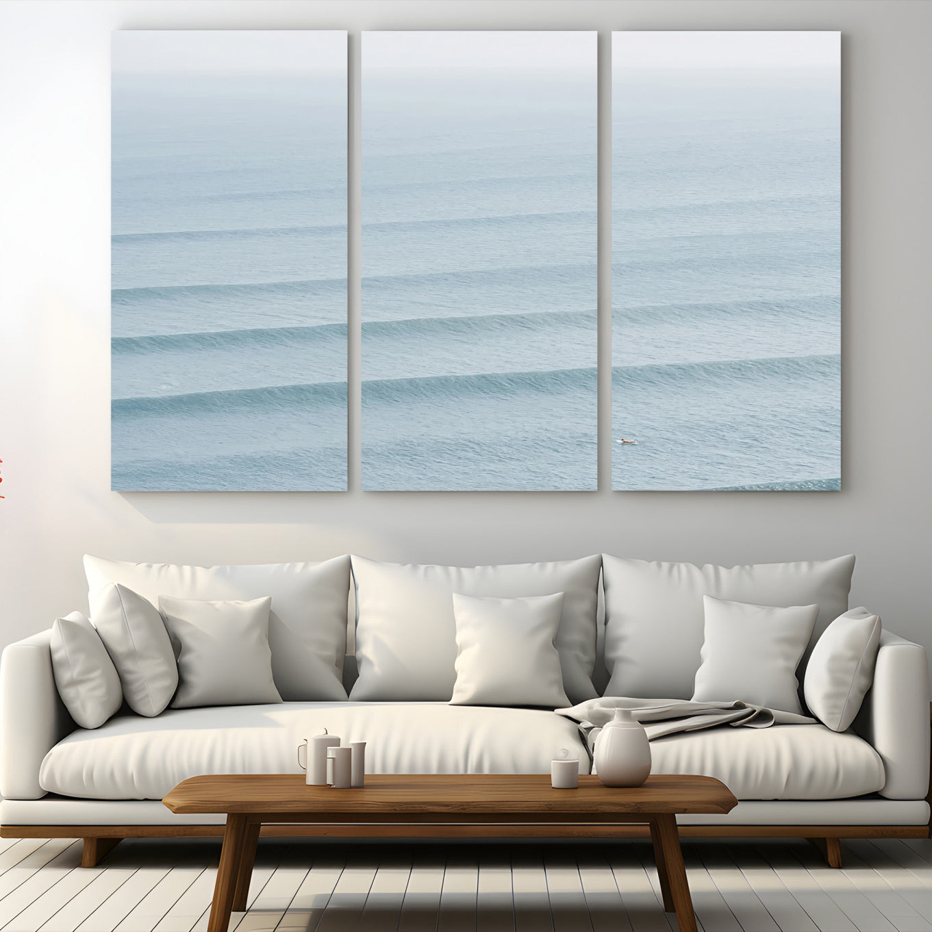 47814787-MGV-CV-48X32-3P-Ocean Waves Wall Art Canvas Print, Framed Solo Surfer Art Picture Print, Wave Lines Perfect