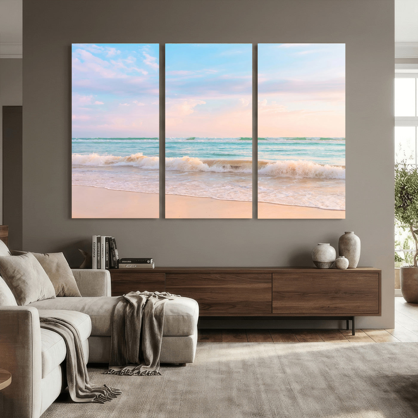74679437-MGV-CV-36X24 - Serene Waves Wall Art – Golden Shore & Soft Pastel Sky Canvas Print, Gentle Ocean and Peaceful Sunset for Living Room or Office
