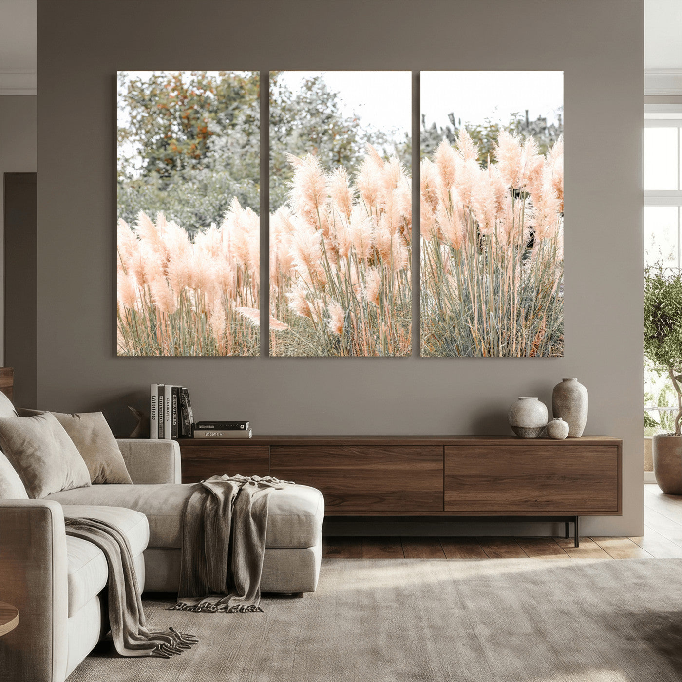 21826392-MGV-CV-36X24 - Pampas Grass Wall Art – Soft Blush Hues and Natural Texture Canvas Print, Serene Outdoors & Botanical Charm for Living Room or Nature Decor