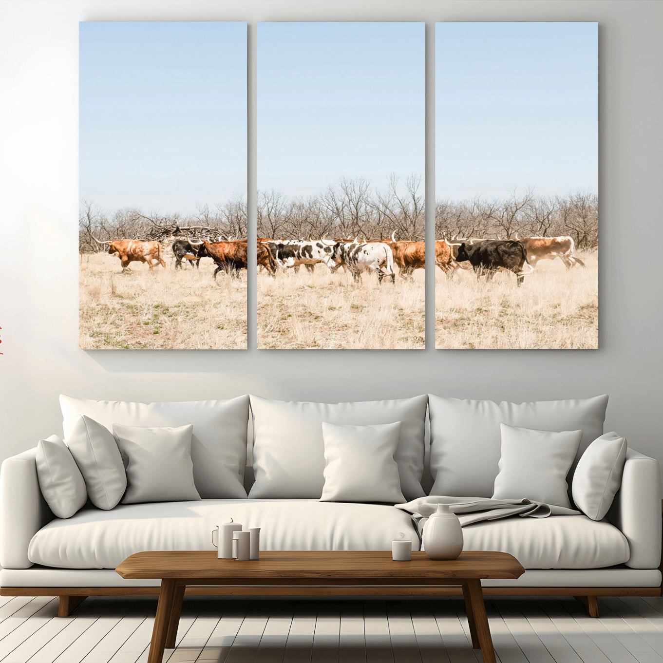 16563092-MGV-CV-36X24-Texas Longhorns Wall Art Canvas Print – Framed Western Cattle Rustic Herd Farmhouse Country Animal Artwork for Home Office