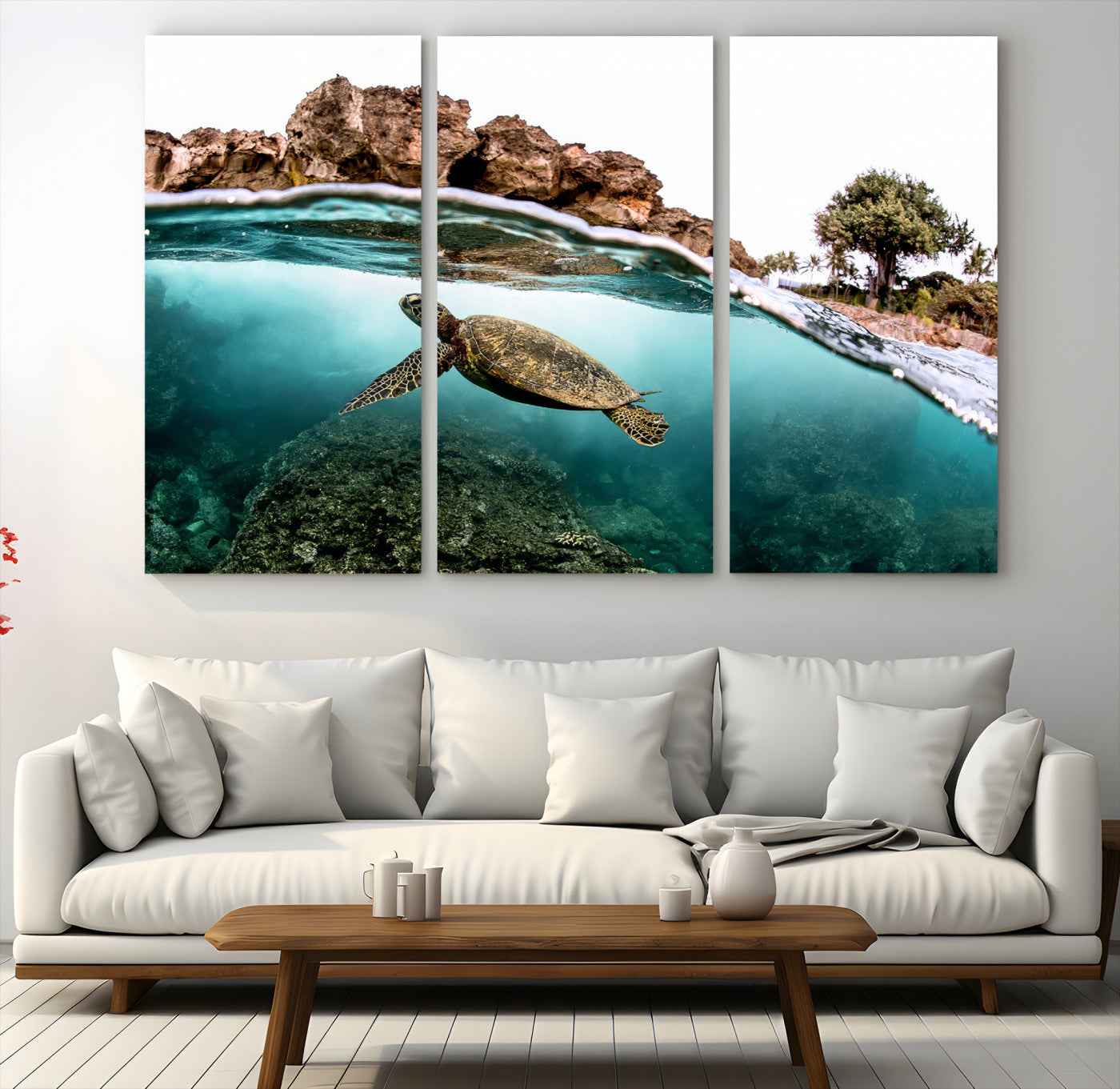 44200301-MGV-CV-48X32-3P-Sea Turtle Wall Art Canvas Print, Framed Ocean Life Art Picture Print, Tropical Perfect Coastal