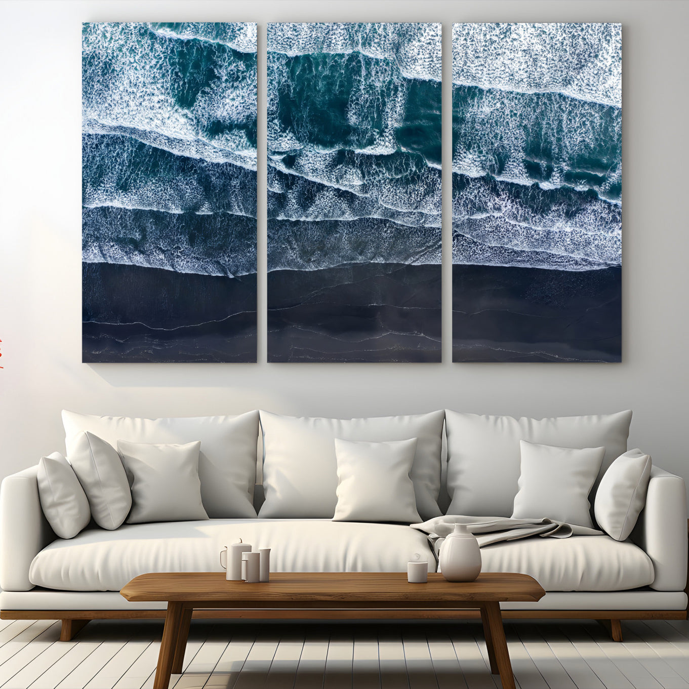 87941475-MGV-CV-48X32-3P-Black Beach Wall Art Canvas Print – Framed Aerial Ocean View Moody Coastal Seascape Nature Artwork for Home Office