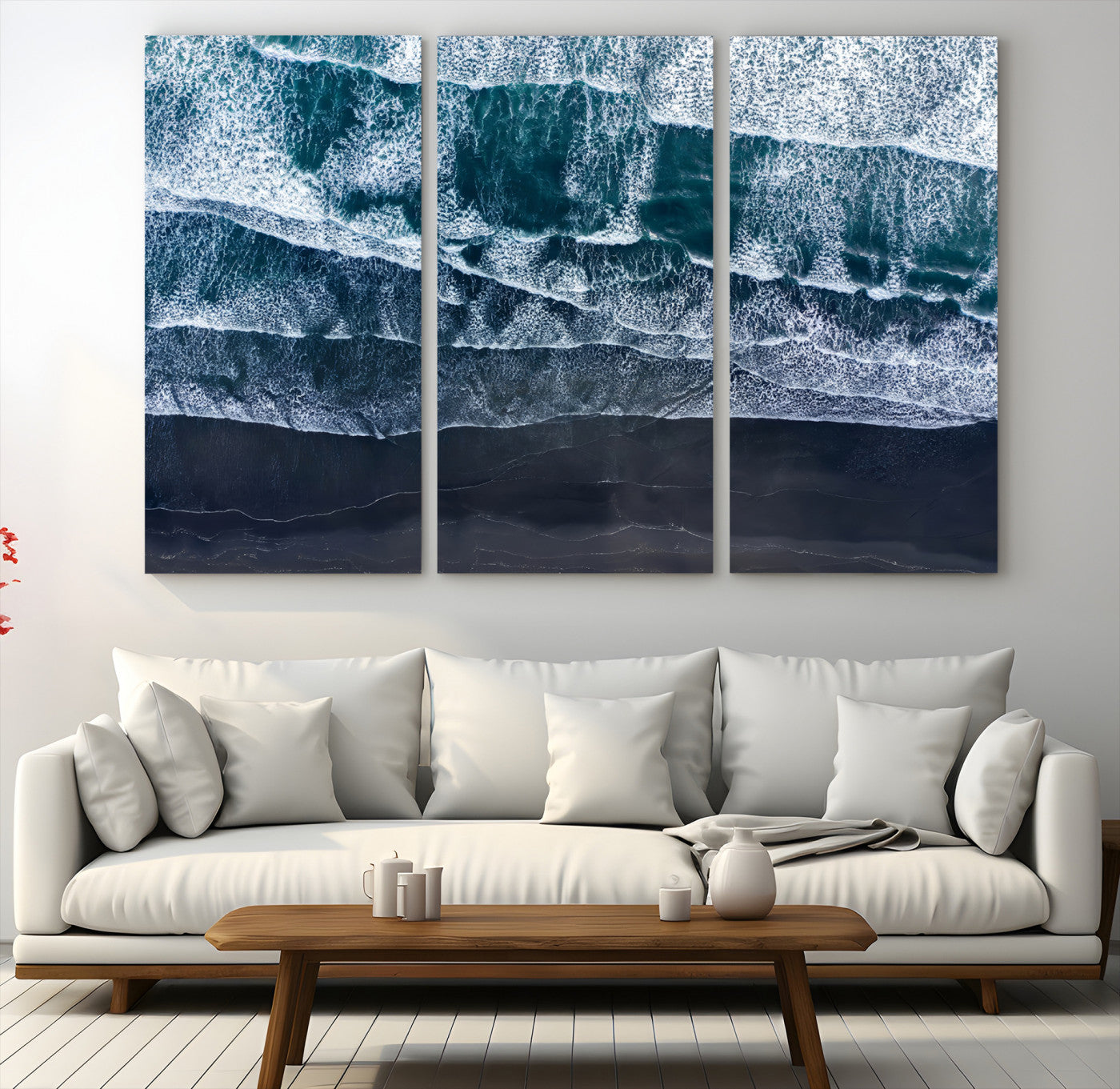 87941475-MGV-CV-48X32-3P-Black Beach Wall Art Canvas Print – Framed Aerial Ocean View Moody Coastal Seascape Nature Artwork for Home Office