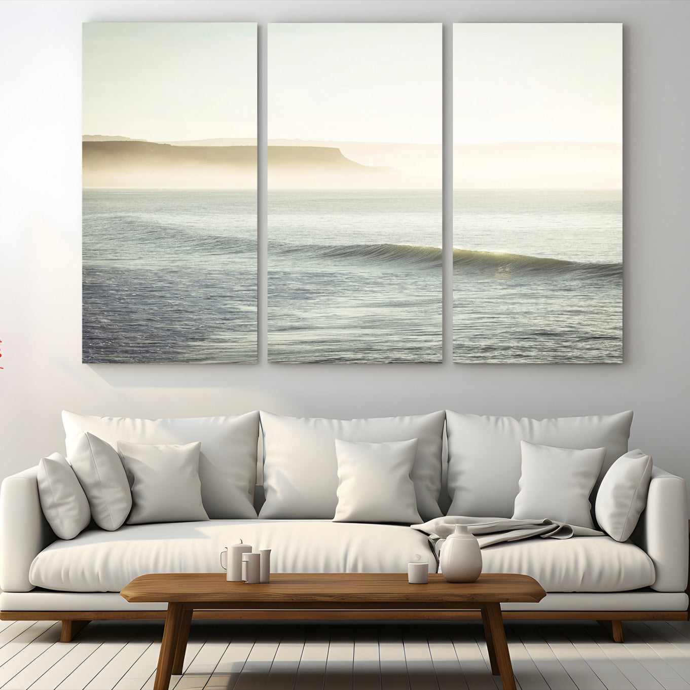 39310633-MGV-CV-48X32-3P-Coastal Cliffs Wall Art Canvas Print, Framed Misty Ocean Art Picture Print, Soft Morning Perfect
