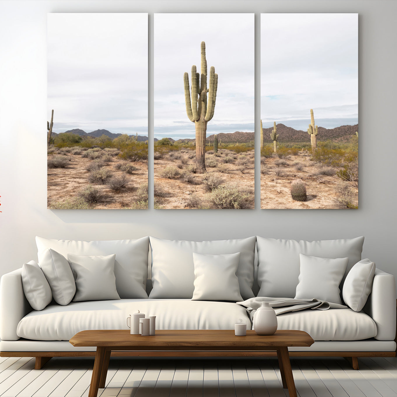 96147924-MGV-CV-48X32-3P-Saguaro Cactus Wall Art Canvas Print, Framed Desert Art Picture Print, Minimalism Perfect Boho