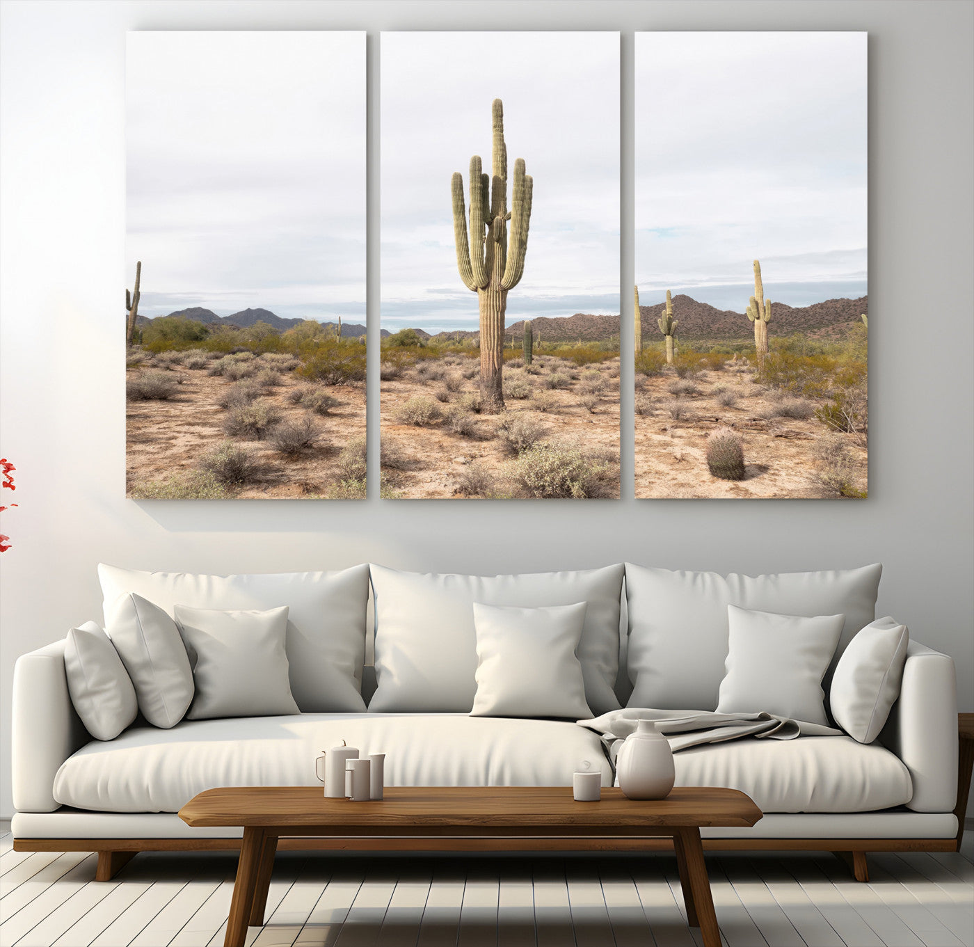 96147924-MGV-CV-48X32-3P-Saguaro Cactus Wall Art Canvas Print – Framed Desert Landscape Minimalist Boho Nature Artwork for Home Office
