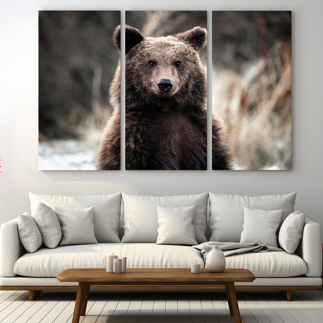 47112103-MGV-CV-48X32-3P-Brown Bear Wall Art Canvas Print, Framed Wildlife Art Picture Print, Woodland Perfect Cabin Decor