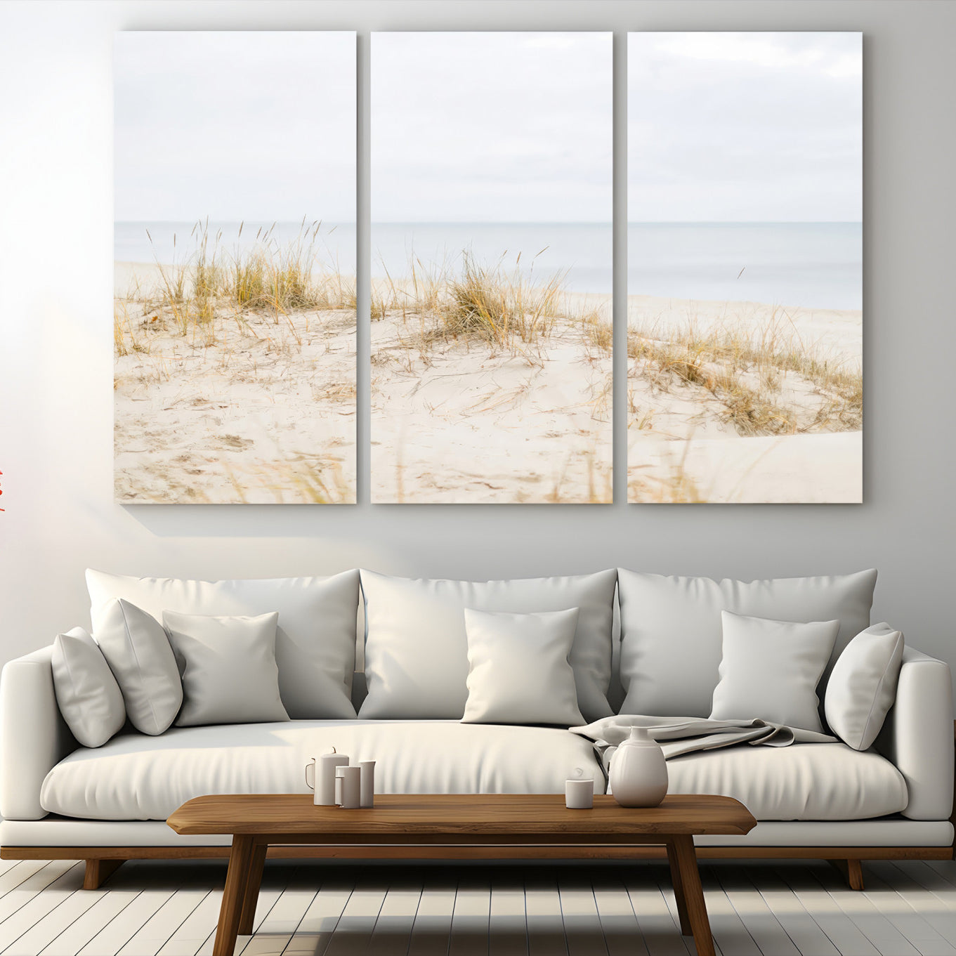 13146857-MGV-CV-48X32-3P-Beach Dunes Wall Art Canvas Print – Framed Serene Coastal Grass and Sand Scene Artwork for Home, Office, Living Room