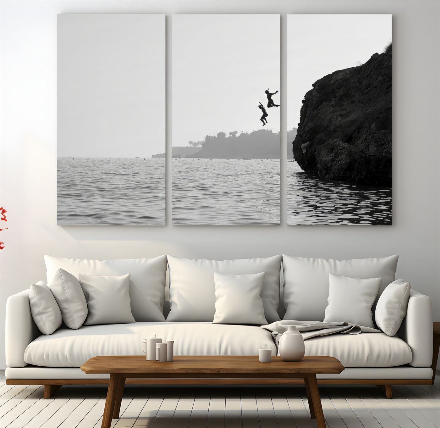 52284302-MGV-CV-48X32-3P-Jumping Wall Art Canvas Print – Framed Coastal Ocean Scene Artwork for Relaxing Beach Home, Office Decor