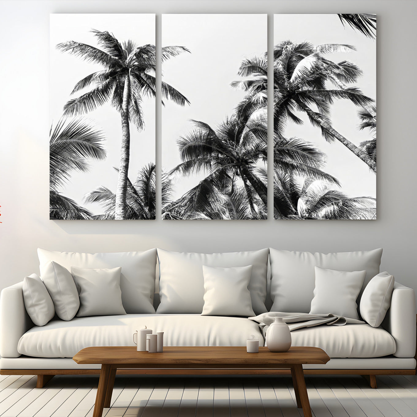 46641801-MGV-CV-48X32-3P-Palm Wall Art Canvas Print – Framed Monochrome Tropical Scene Artwork for Minimalist Home, Office, Living Room Decor