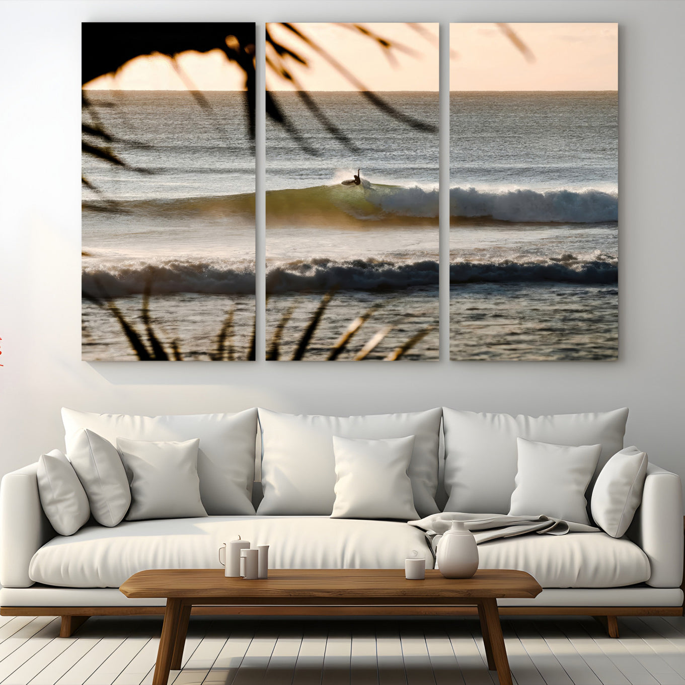 24896468-MGV-CV-48X32-3P-Sunset Surf Wall Art Canvas Print, Framed Golden Hour Art Picture Print, Waves Perfect Boho Decor,
