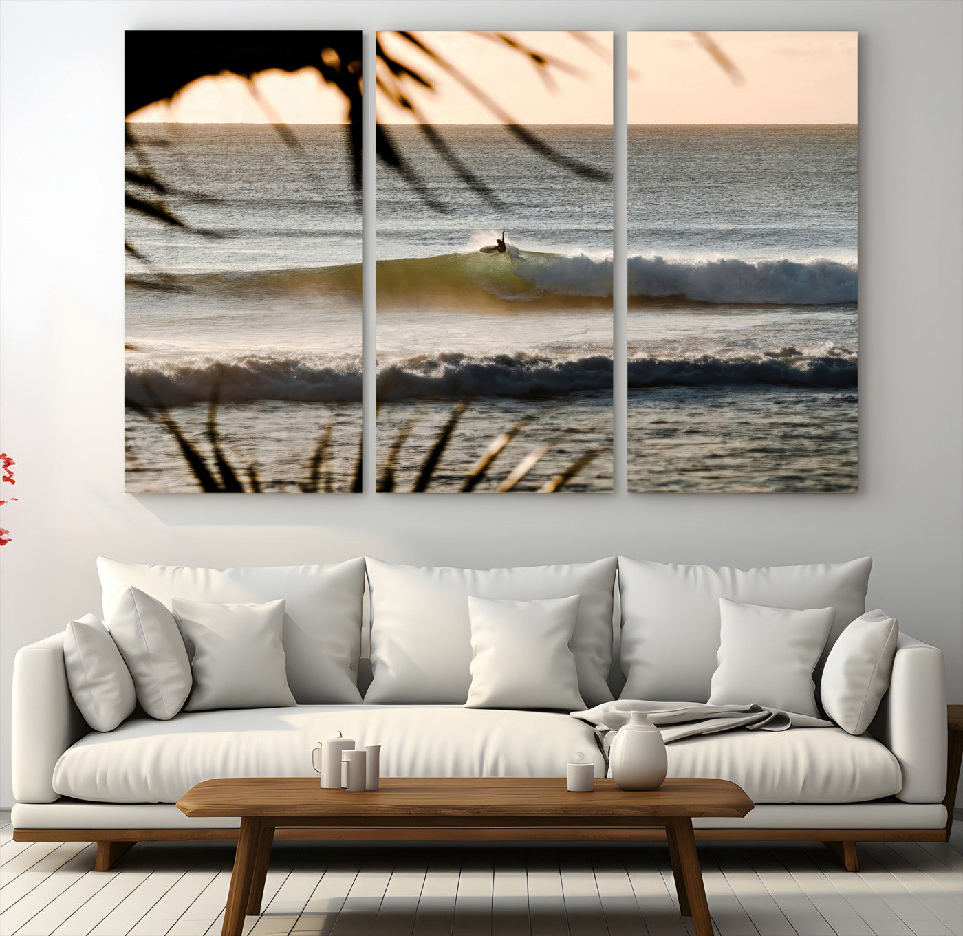 24896468-MGV-CV-48X32-3P-Sunset Surf Wall Art Canvas Print – Framed Golden Hour Waves Scene Artwork for Boho Home, Office, Living Room Decor