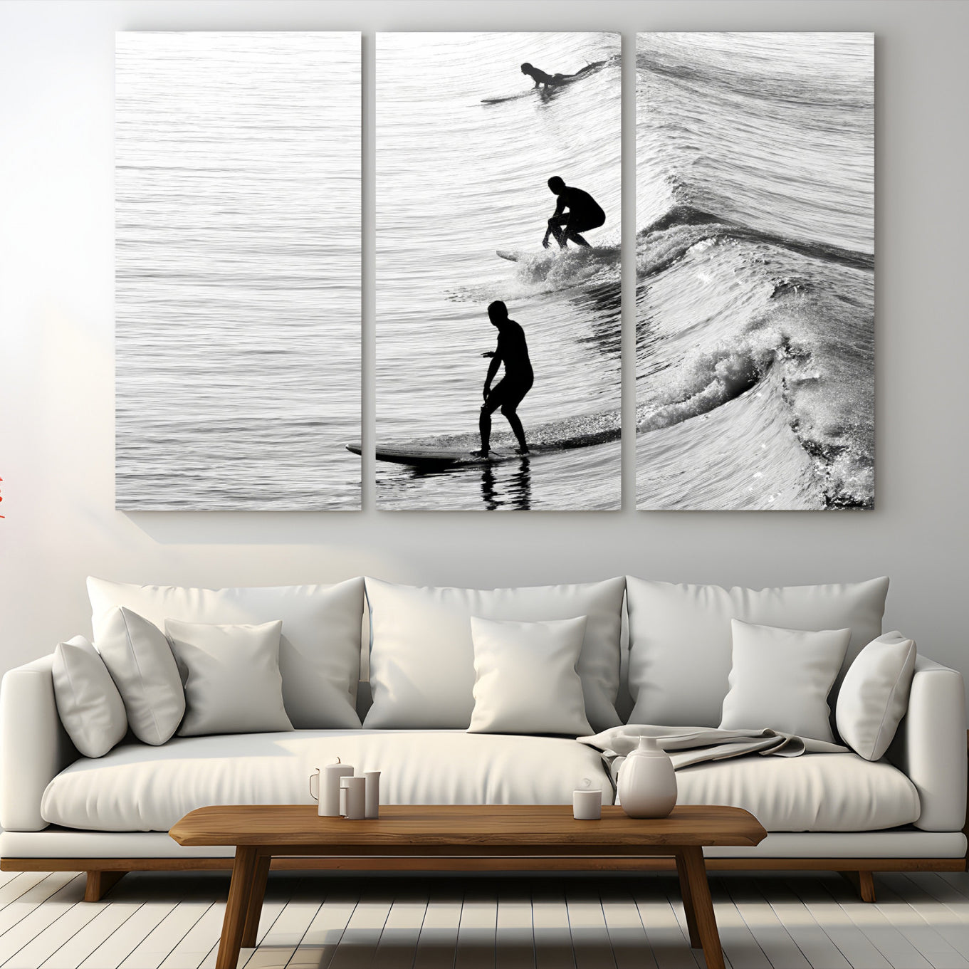 19875284-MGV-CV-48X32-3P-Surfers on Waves Wall Art Canvas Print – Framed Black and White Surf Ocean Monochrome Beach Artwork for Home, Office