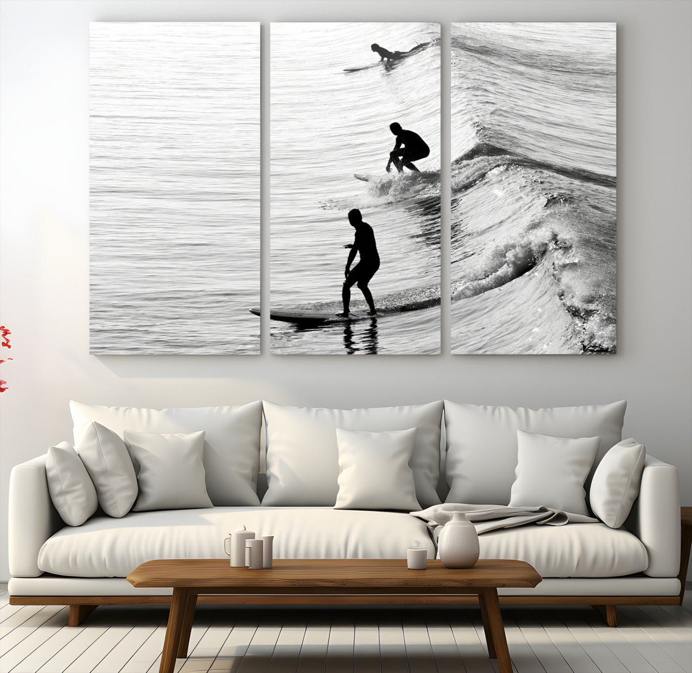 19875284-MGV-CV-48X32-3P-Surfers on Waves Wall Art Canvas Print, Framed Black White Surf Art Picture Print, Monochrome Ocean