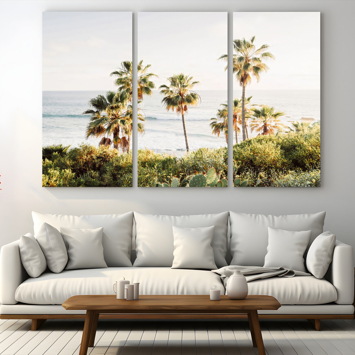 94707294-MGV-CV-48X32-3P-California Coast Wall Art Canvas Print, Framed Palm Trees Art Picture Print, Coastal Landscape Perfect Coastal Minimalist Decor