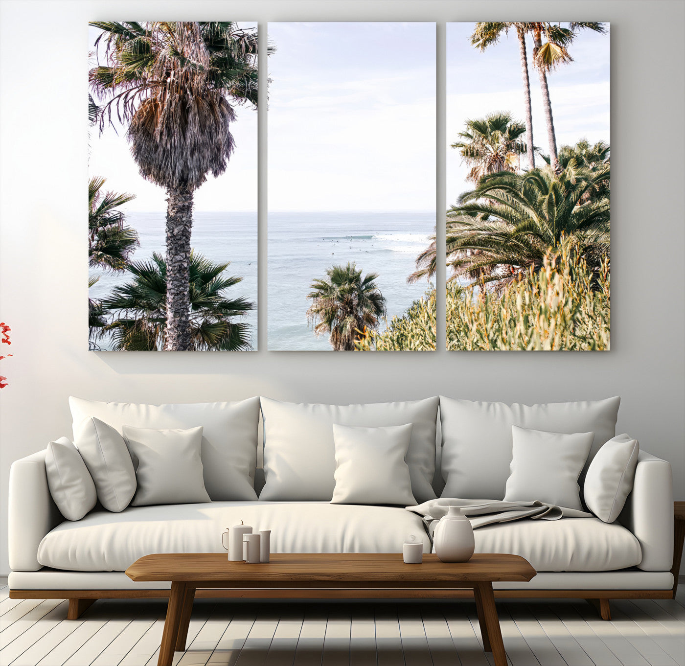 51404565-MGV-CV-48X32-3P-Coastal Palm Trees Wall Art Canvas Print – Framed Ocean Breeze Tropical Scene Artwork for Relaxing Home, Office Decor