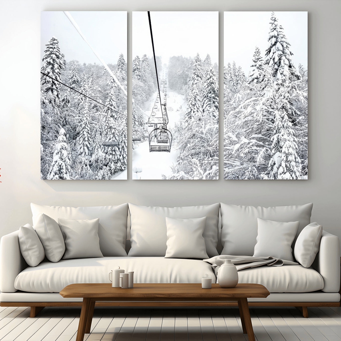 44705668-MGV-CV-36X24-Snowy Ski Lift Wall Art – Framed Winter Mountain Canvas Artwork, Serene Forest Design, Modern Nature Decor for Home, Office