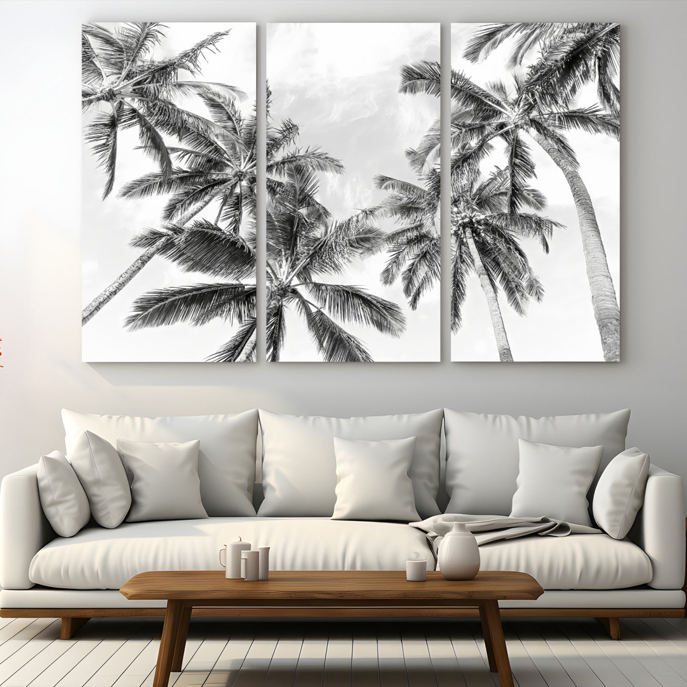 62113786-MGV-CV-48X32-3P-Black and White Palm Wall Art Canvas Print – Framed Monochrome Tropical Beach Scene Artwork for Modern Home, Office Decor