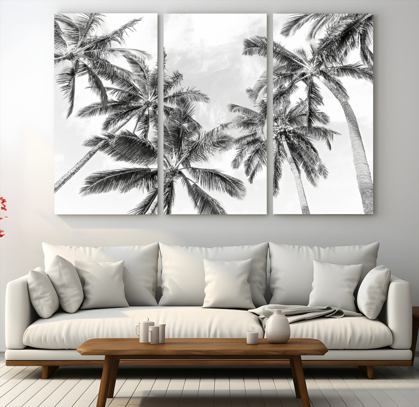 62113786-MGV-CV-48X32-3P-Black and White Palm Wall Art Canvas Print – Framed Monochrome Tropical Beach Scene Artwork for Modern Home, Office Decor