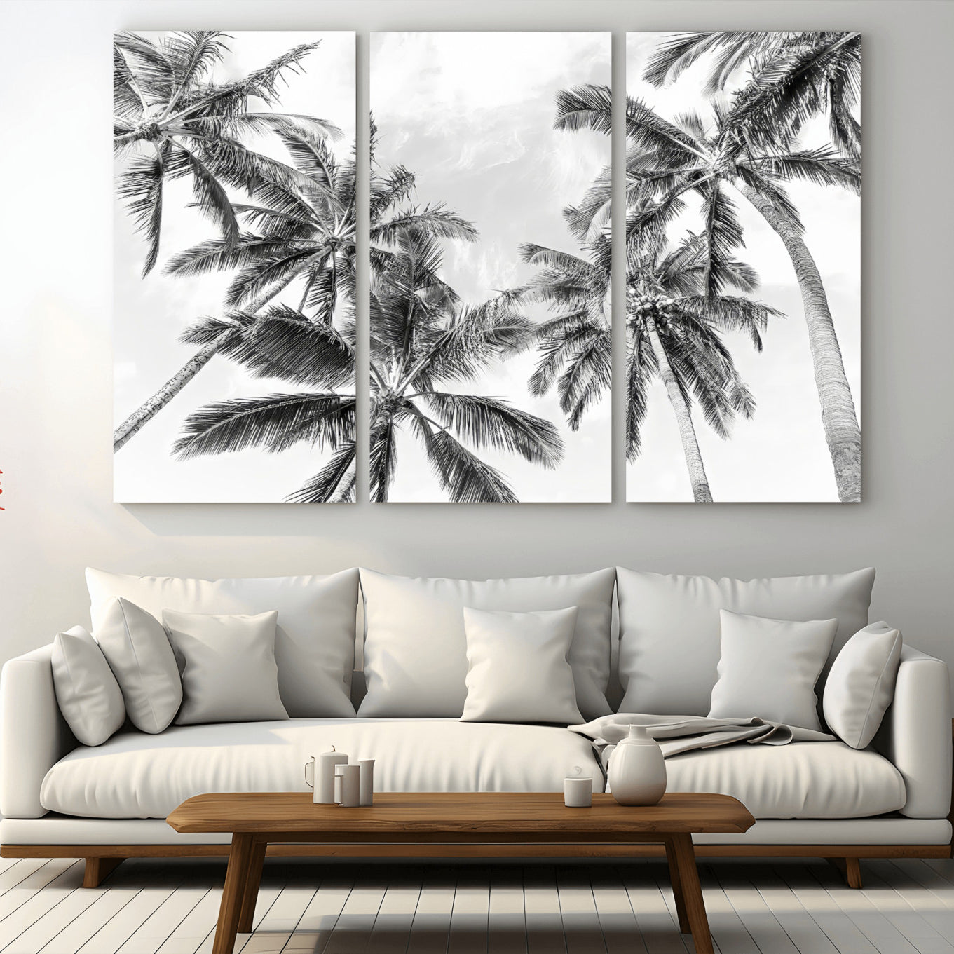MGV-CV-48X32-3P - Black White Palm Wall Art Canvas Print, Framed Monochrome Tropics Art Picture Print, Minimalist Beach Perfect Coastal Minimalist Decor Artwork
