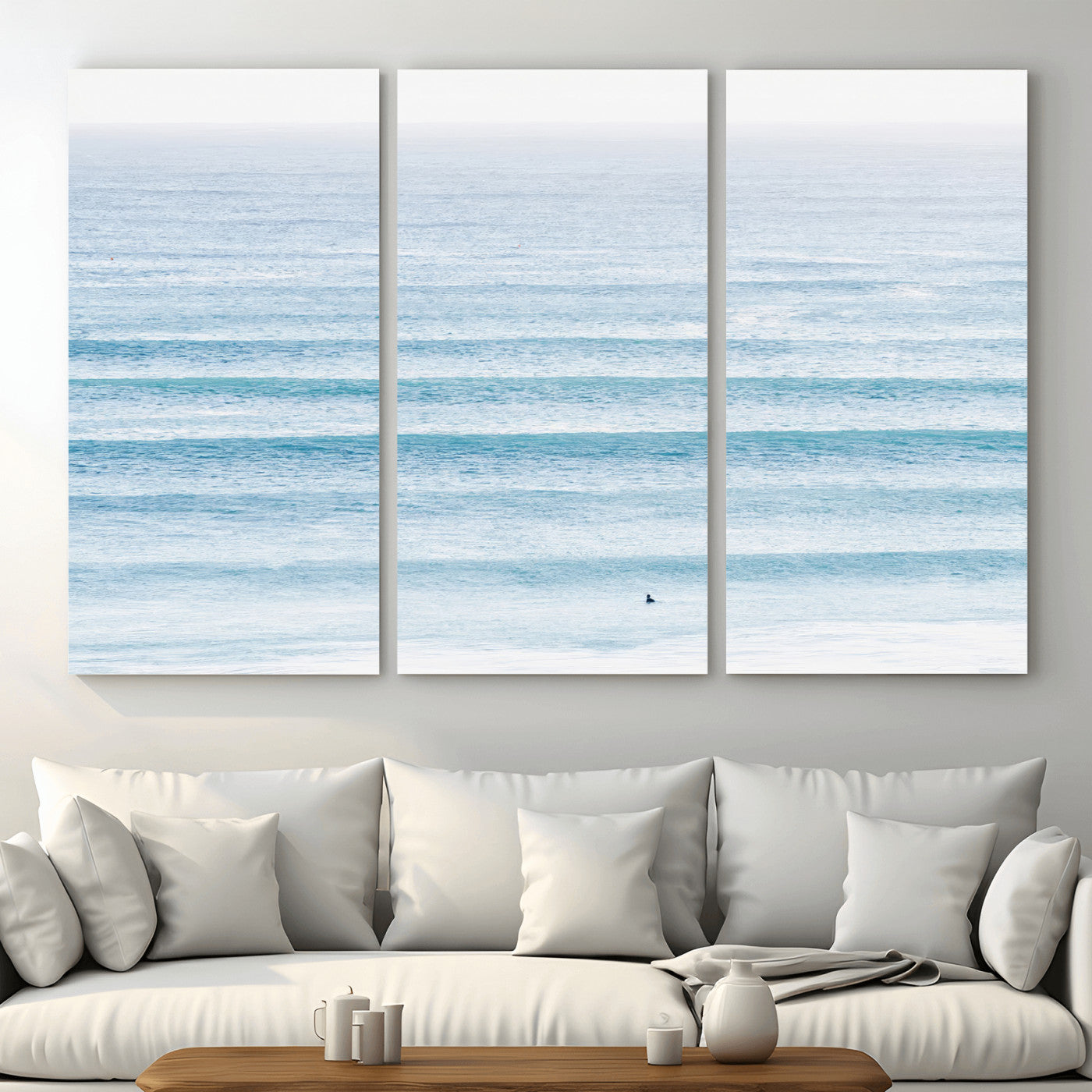 77145995-MGV-CV-36X24-Ocean Wave Surfer Wall Art – Framed Minimal Seascape Canvas Artwork, Calm Blue Water Design, Coastal Decor for Home, Office