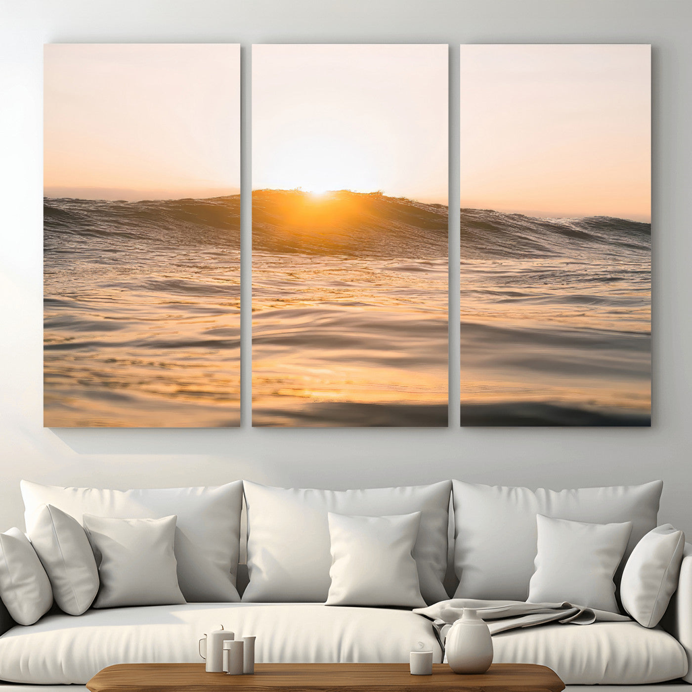 16973771-MGV-CV-36X24-Calm Water Wall Art – Framed Sunset Waves Canvas Artwork, Coastal Warm Design, Minimal Ocean Decor for Home, Office