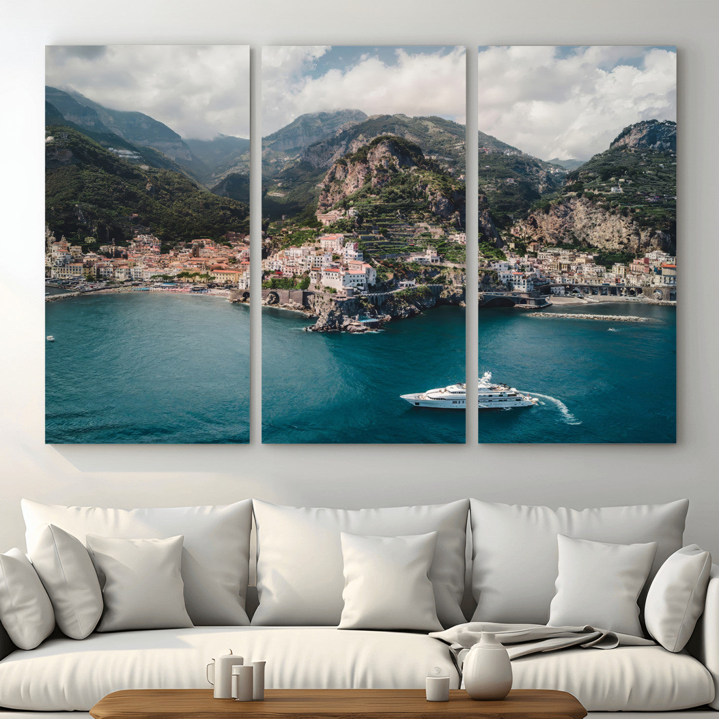 20321590-MGV-CV-36X24-Amalfi Coast Wall Art – Framed Italian Seaside Canvas Artwork, Mediterranean Landscape Design, Coastal Decor for Home, Office