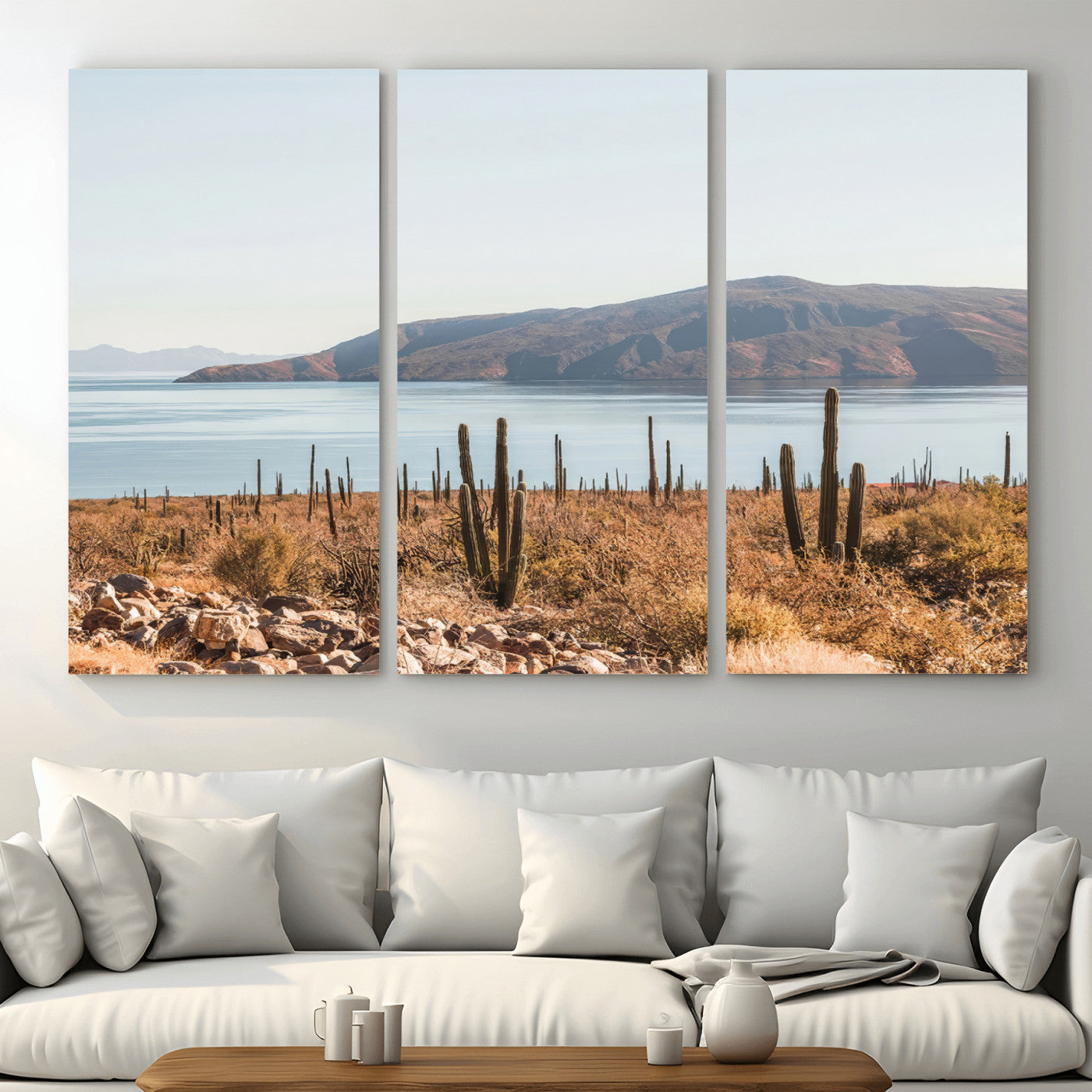 MGV-CV-48X32-3P - Desert Cactus Wall Art Canvas Print, Framed Baja Coastline Art Picture Print, Coastal Desert Perfect Southwestern Minimalist Decor Artwork
