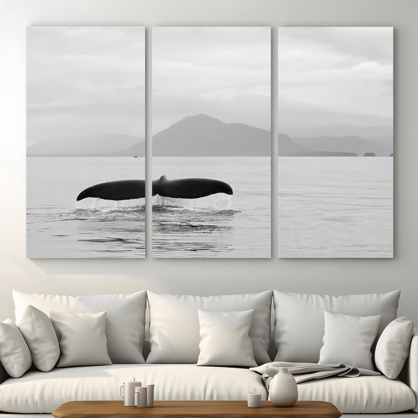 MGV-CV-48X32-3P - Whale Tail Wall Art Canvas Print, Framed Black White Ocean Art Picture Print, Calm Marine Perfect Minimalist Coastal Decor Artwork