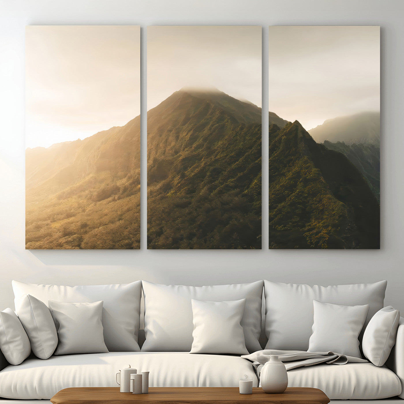 42338636-MGV-CV-48X32-3P-Mountain Wall Art – Framed Sunset Landscape Canvas Artwork, Serene Nature Design, Rustic Decor for Home, Office