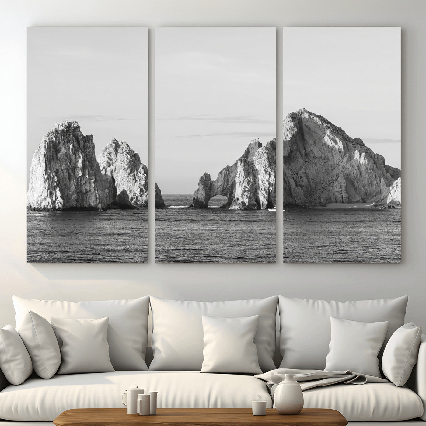 MGV-CV-48X32-3P - Rugged Coastline Wall Art Canvas Print, Framed Ocean Cliffs Art Picture Print, Monochrome Seascape Perfect Coastal Minimalist Decor Artwork