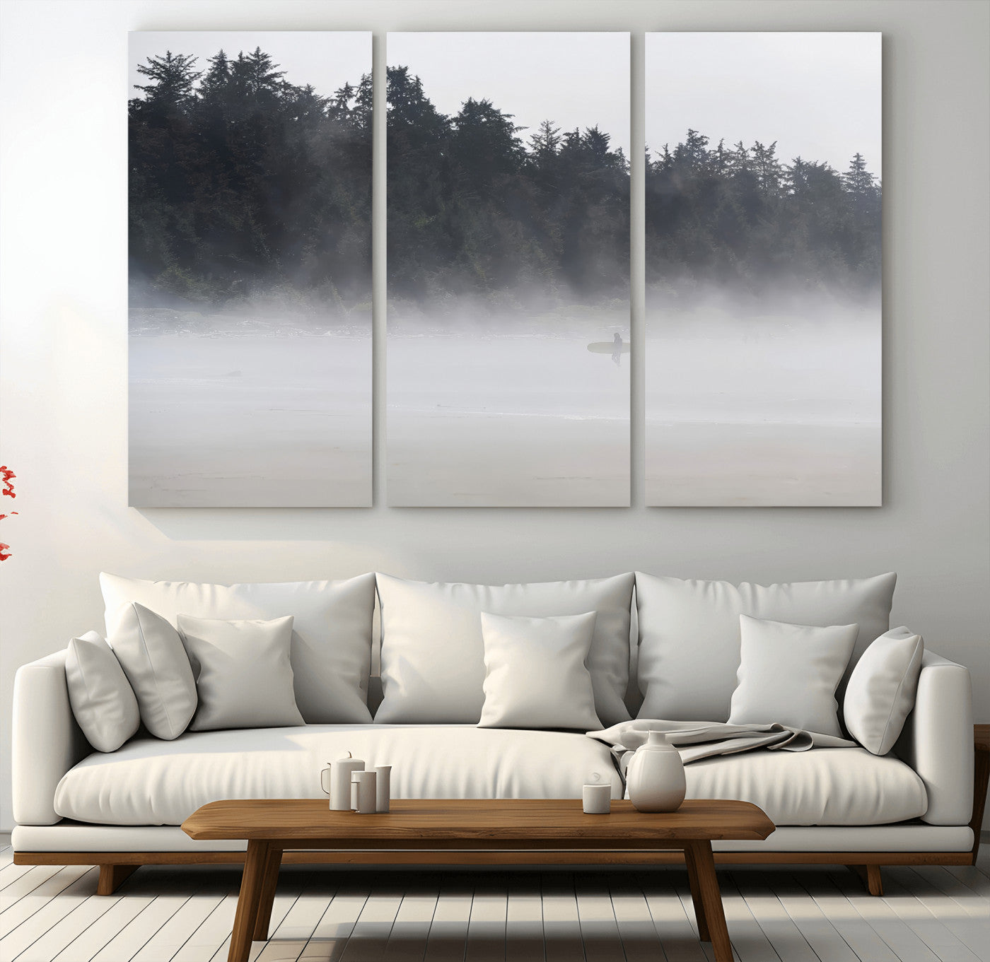 59703275-MGV-CV-36X24-Surfer Fog Wall Art Canvas Print – Framed Foggy Beach Scene with Coastal Surf Artwork for Home, Office, Living Room