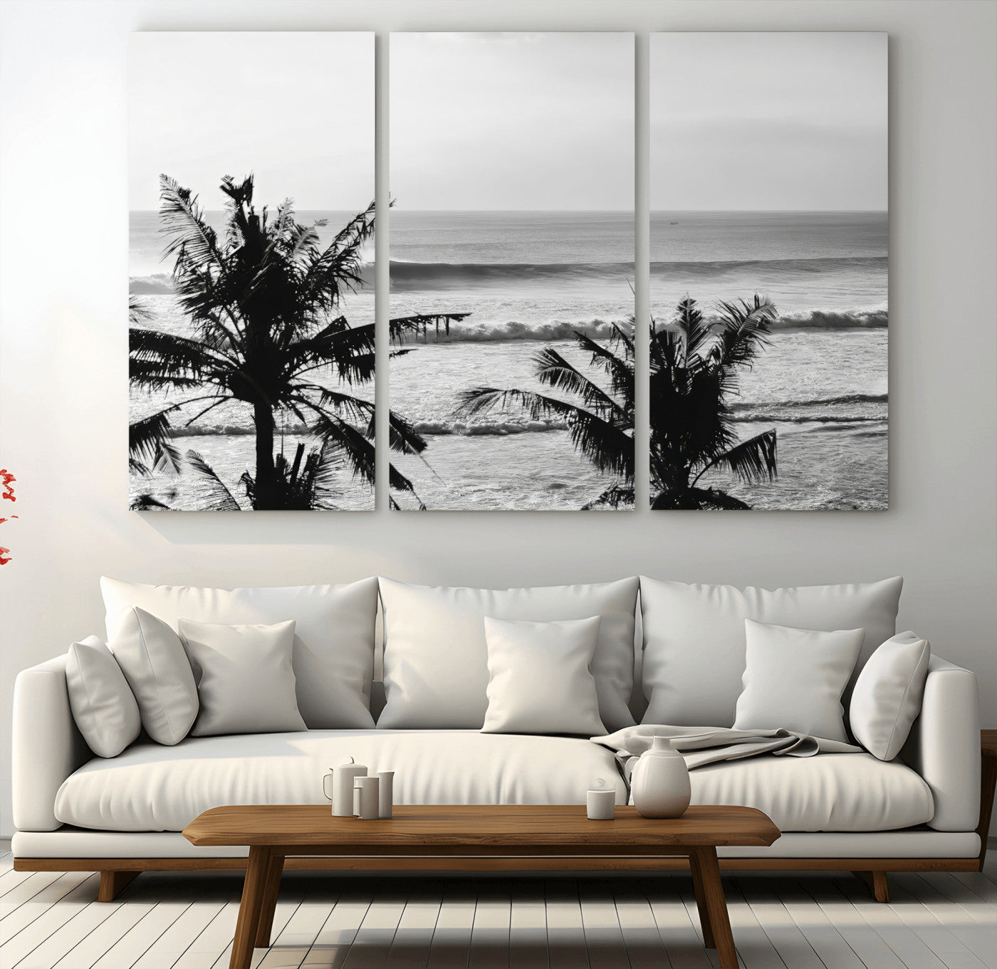 17508038-MGV-CV-36X24-Tropical Coastline Wall Art Canvas Print – Framed Palm Trees Scene with Ocean Waves Artwork for Home, Office