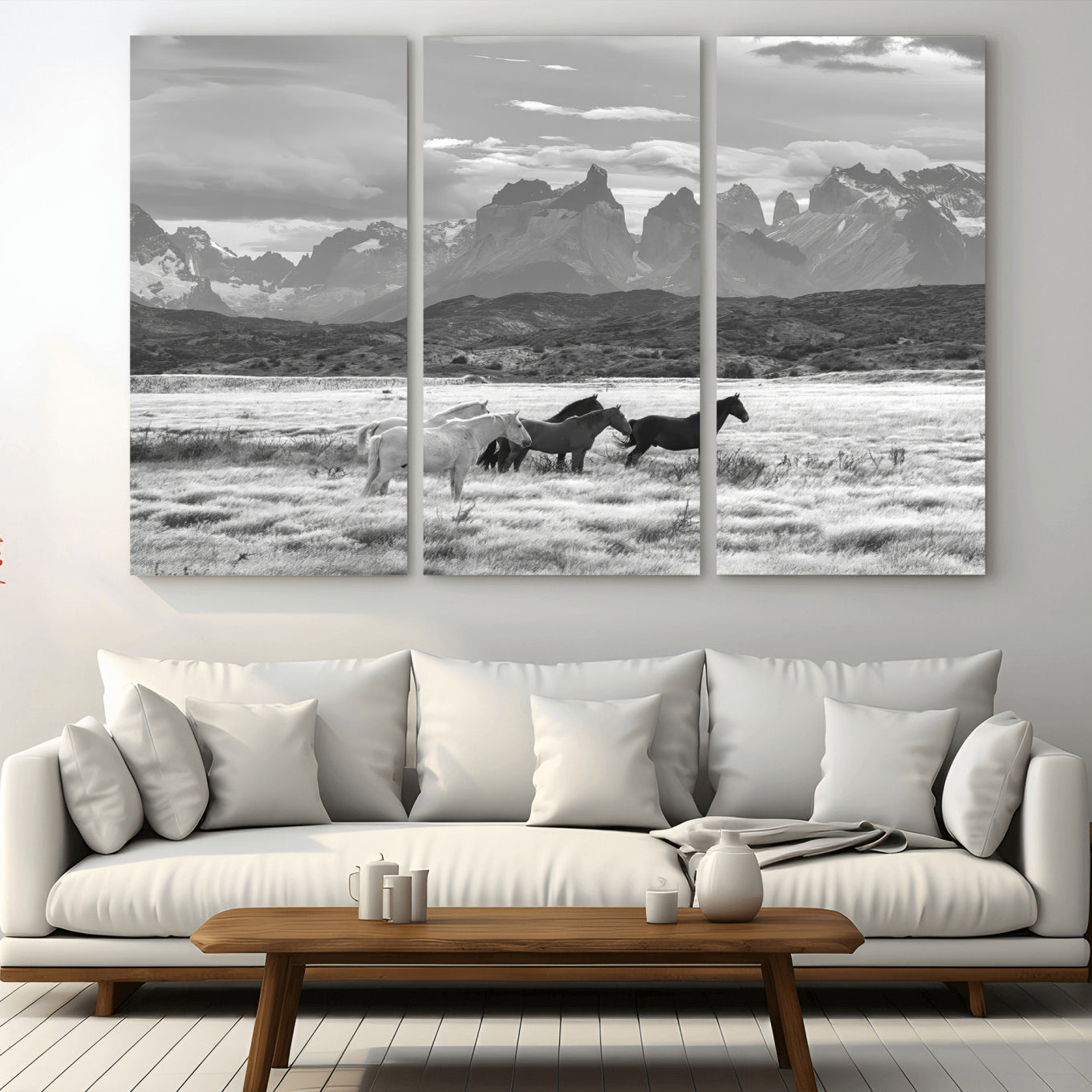 MGV-CV-48X32-3P - Wild Horses Wall Art Canvas Print, Framed Black White Mountains Art Picture Print, Rustic Countryside Perfect Rustic Western Decor Artwork