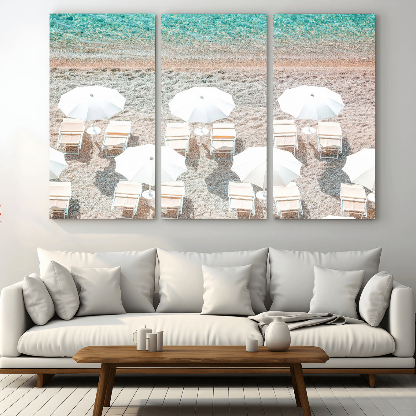 MGV-CV-48X32-3P - Calm Beach Wall Art Canvas Print, Framed Turquoise Water Art Picture Print, Umbrella Shoreline Perfect Coastal Minimalist Decor Artwork
