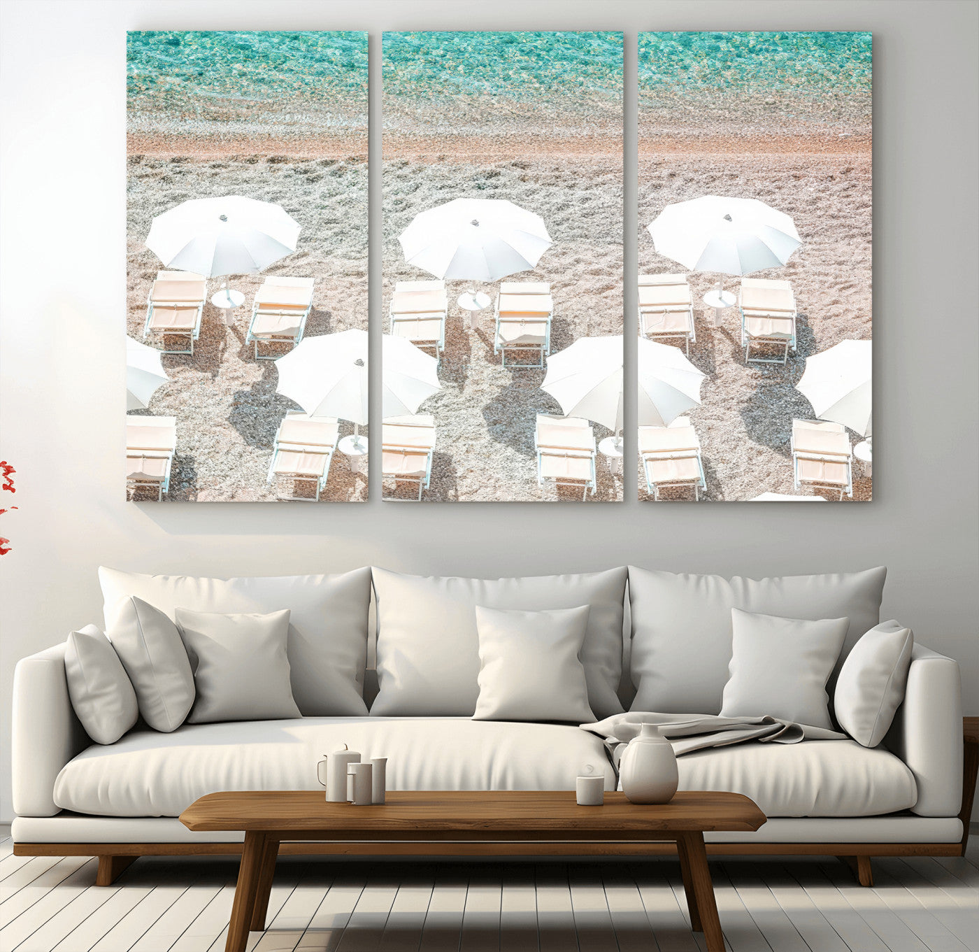 MGV-CV-48X32-3P - Calm Beach Wall Art Canvas Print, Framed Turquoise Water Art Picture Print, Umbrella Shoreline Perfect Coastal Minimalist Decor Artwork