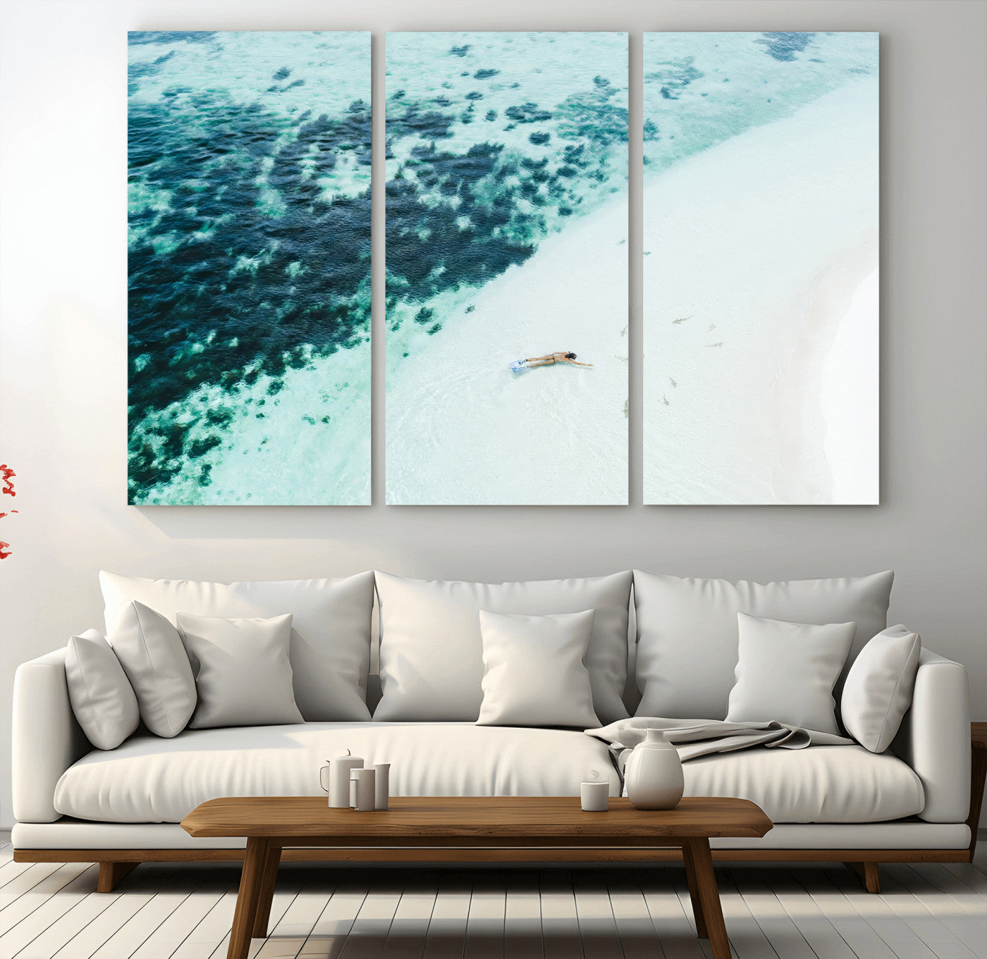 33764764-MGV-CV-36X24-Minimal Beach Wall Art – Framed Ocean Swimming Canvas Artwork, Clear Blue Sea Design, Modern Coastal Decor for Home, Office