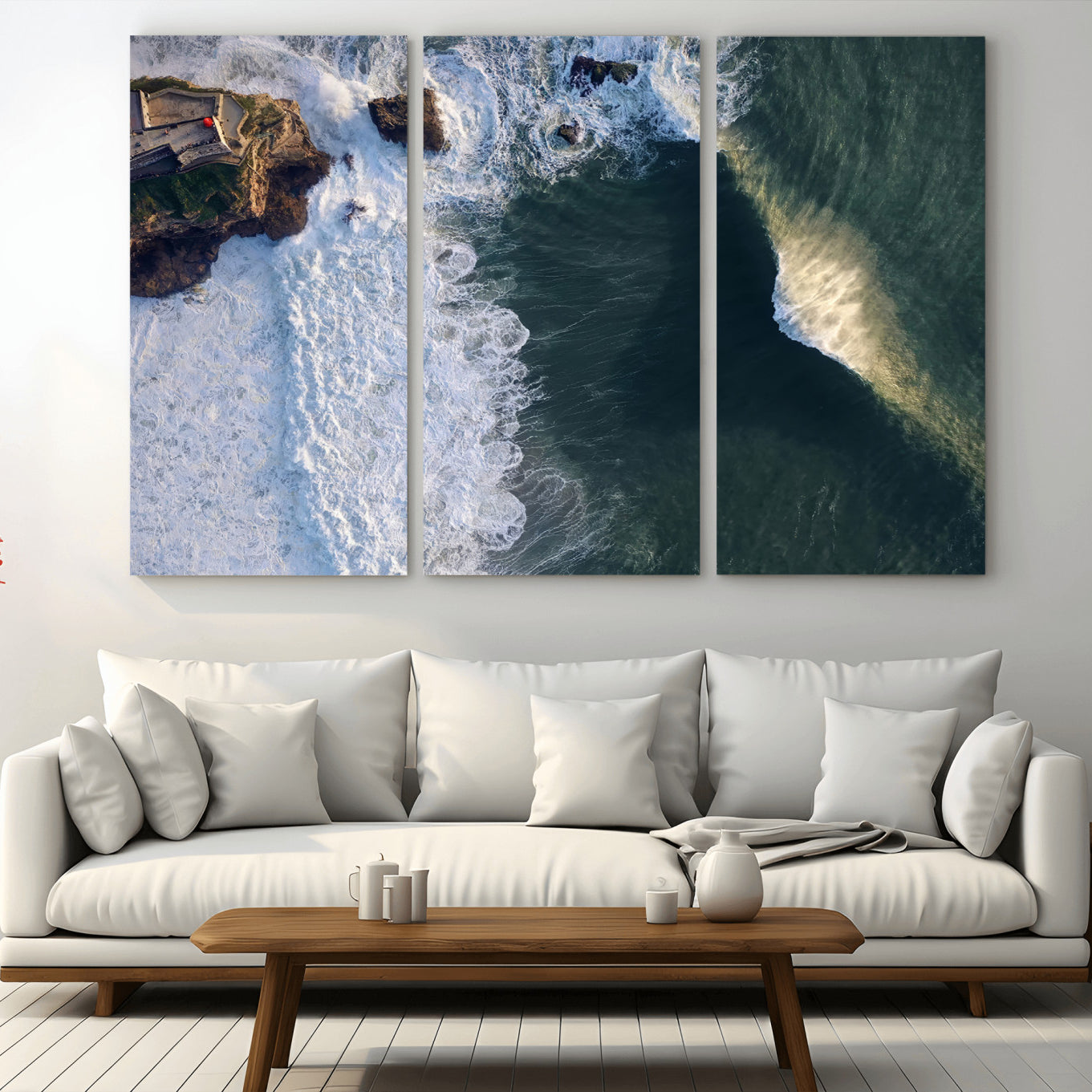 MGV-CV-48X32-3P - Nazaré Coast Wall Art Canvas Print, Framed Aerial Ocean Art Picture Print, Coastal Fortress Perfect Dramatic Coastal Decor Artwork