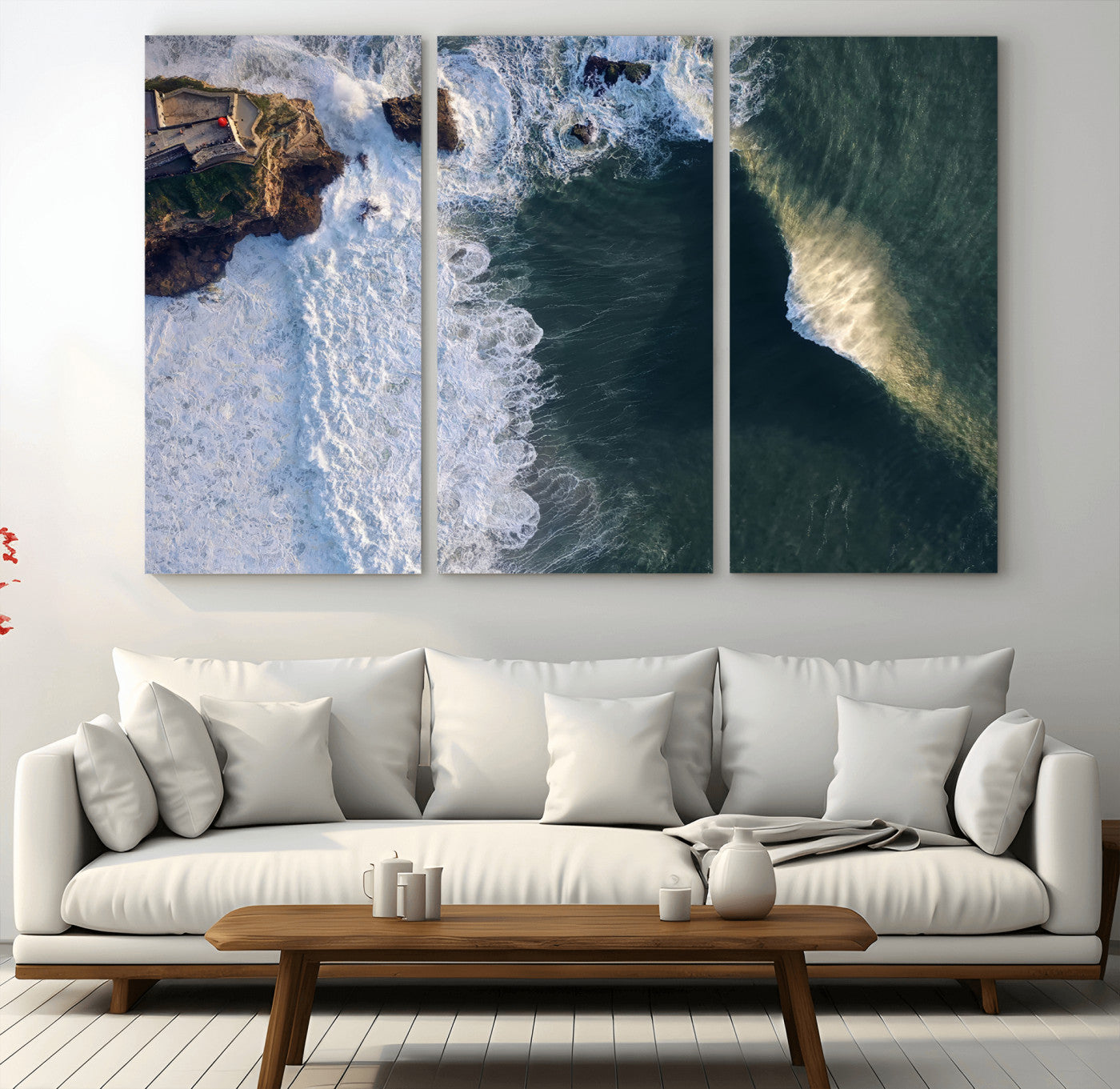 MGV-CV-48X32-3P - Nazaré Coast Wall Art Canvas Print, Framed Aerial Ocean Art Picture Print, Coastal Fortress Perfect Dramatic Coastal Decor Artwork