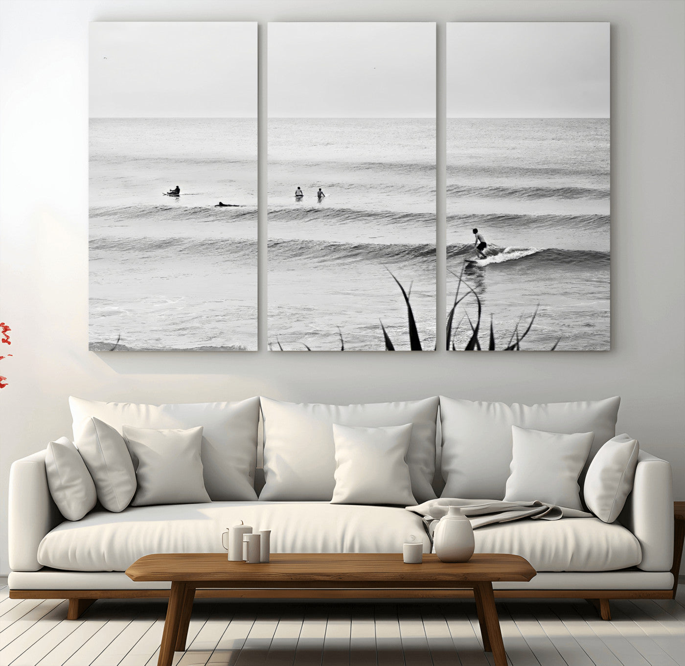 33821421-MGV-CV-36X24-Surfer Silhouette Wall Art – Framed Calm Ocean Canvas Artwork, Monochrome Minimal Design, Modern Coastal Decor for Home, Office