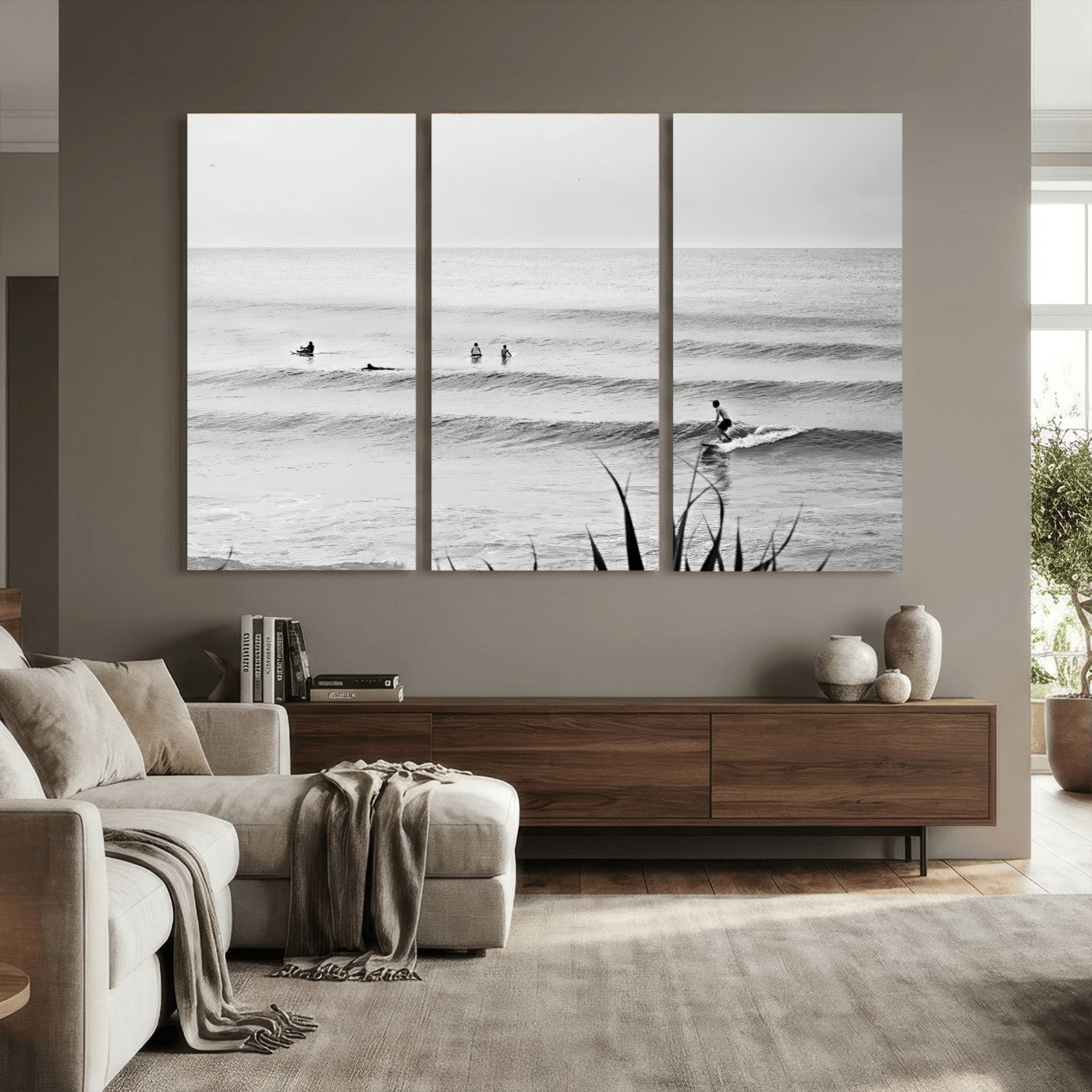 33821421-MGV-CV-36X24 - Surfer Silhouette Wall Art Canvas Print, Framed Calm Ocean Art Picture Print, Monochrome Surf Minimalist Coastal Decor Artwor
